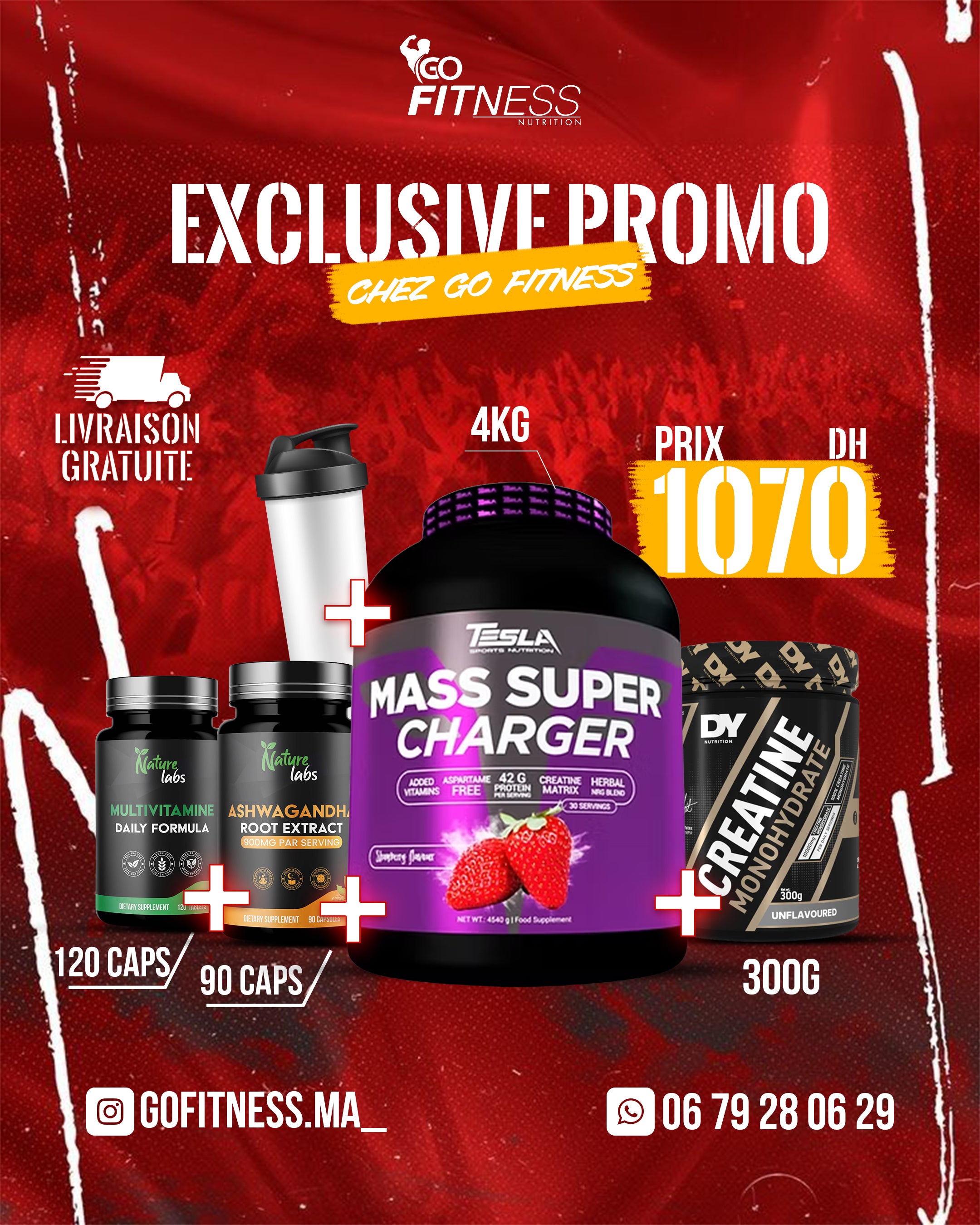 PACK PRISE DE POIDS – MASS SUPER CHARGE 4.8KG TESLA – MULTIVITAMINE – ASHWAGANDHA –SMARTE SHAKER