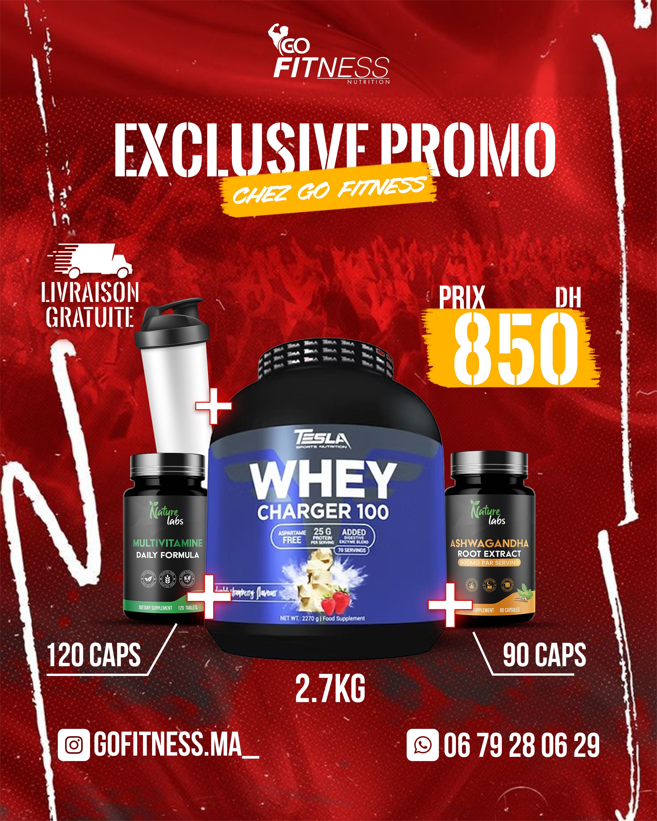 PACK MASS MUSCLE – WHEY CHARGER TESLA 2.27KG – MULTIVITAMINE – ASHWAGANDHA – SMARTE SHAKER