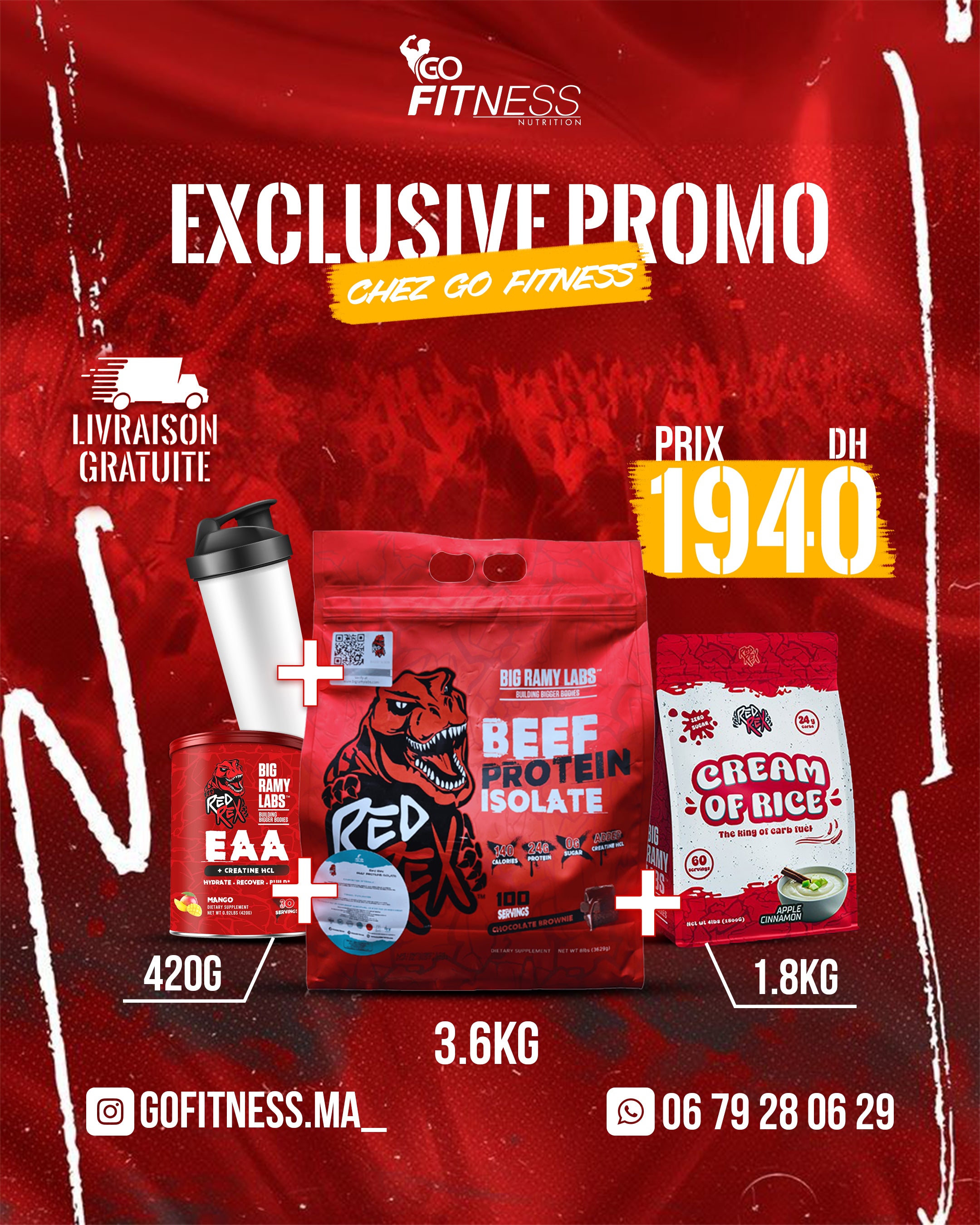PACK MASS MUSCULAIRE COMPLET – BEEF ISOLATE 3.6KG – CREAM OF RICE – EAA RED REX –SMARTE SHAKER