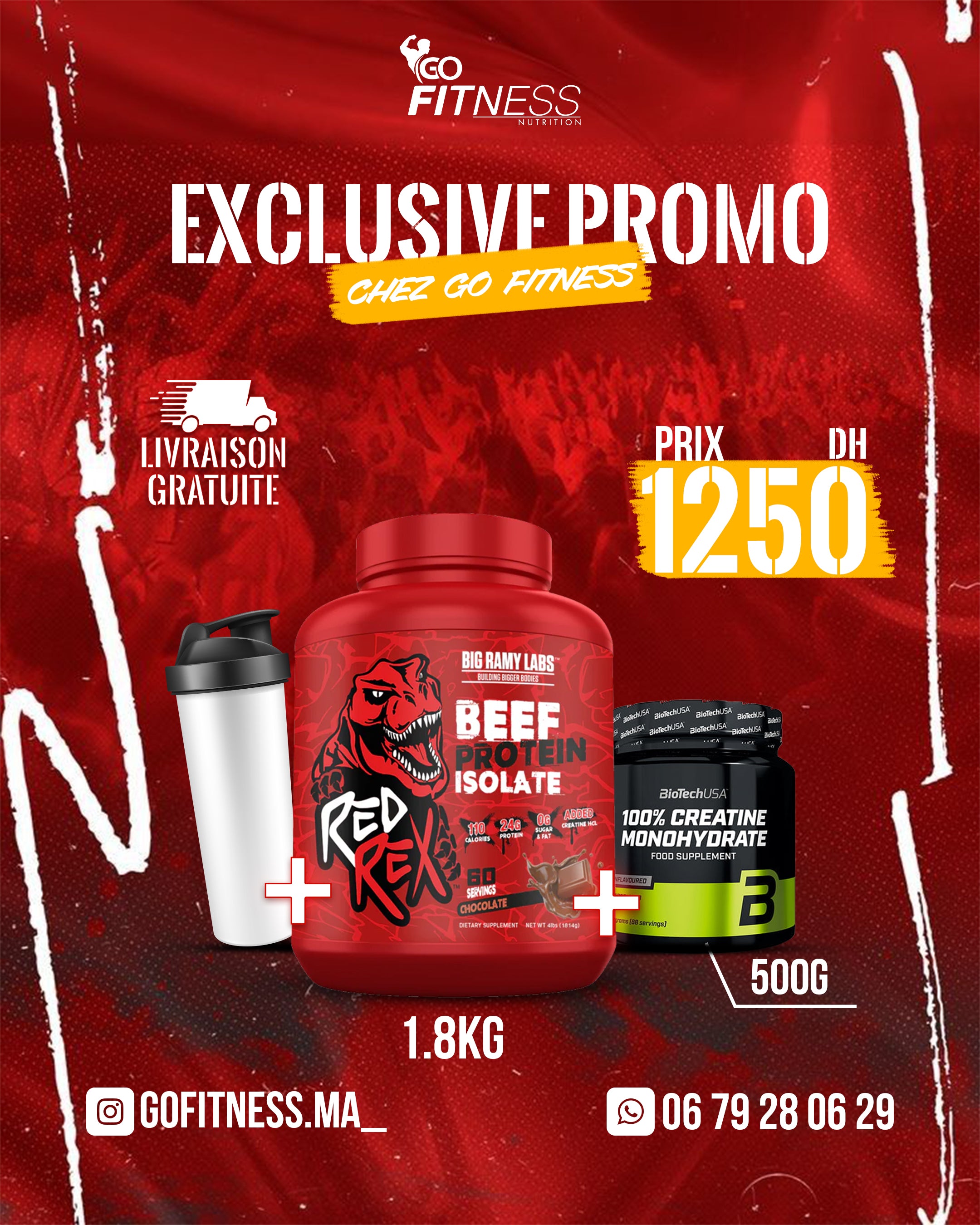 PACK MASS MUSCULAIRE COMPLET – BEEF ISOLATE RED REX 3.6KG – CREATINE BIOTECH USA 500G –SMARTE SHAKER
