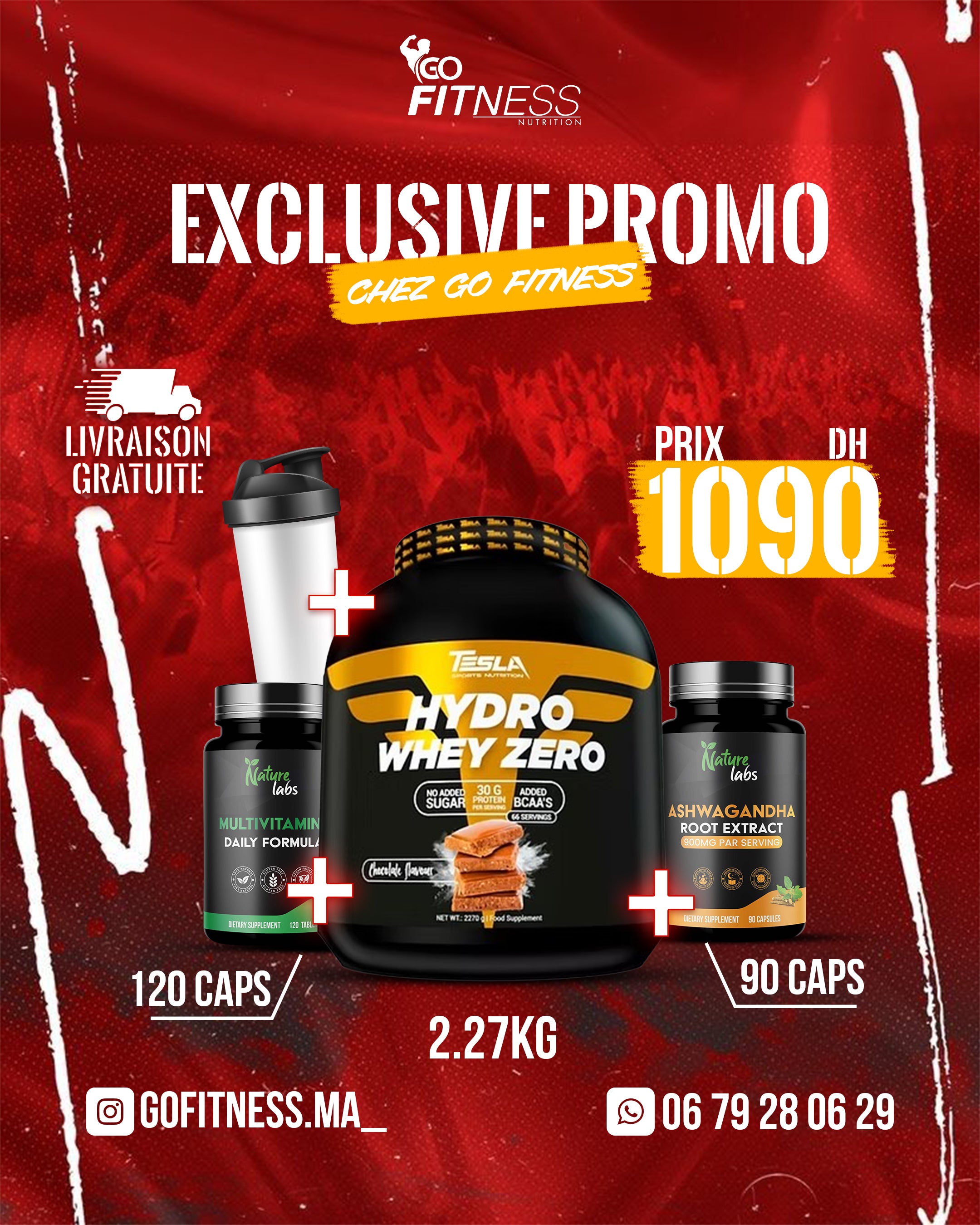 PACK MASS MUSCULAIRE COMPLET – HYDRO WHEY TESLA 2.27KG – MULTIVITAMINE – ASWAGANDHA – SMARTE SHAKER