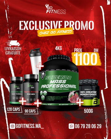 PACK PRISE DE MASS DEBUTANT – SUPERIOR MASS PROFESSIONAL 4.8KG – CREATINE BIOTECH USA 300G – MULTIVITAMINE – TESTO POWER – SMARTE SHAKER