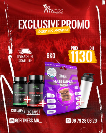 PACK PRISE DE POIDS – MASS SUPER CHARGE 8KG TESLA – MULTIVITAMINE – TESTO PEWER – SMARTE CHAKER
