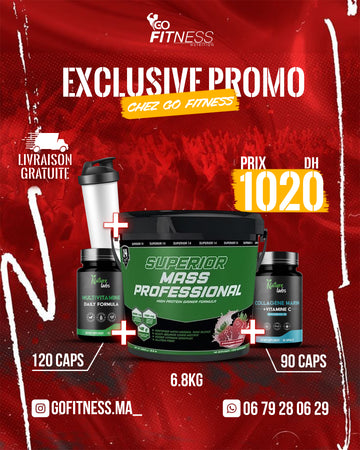 PACK PRISE DE MASS DEBUTANT – SUPERIOR MASS PROFESSIONAL 6.8KG – MULTIVITAMINE – COLLAGENE MARINE – SMARTH SHAKER